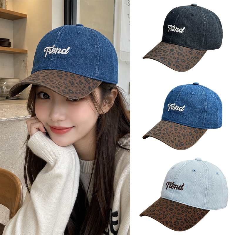 หมวกเบสบอลผู้หญิง ผ้ายีนส์ผสานลายเสือดาว ปักลายTrend สไตล์เกาหลี กันแดด แฟชั่น ใส่ลำลองได้ทุกโอกาส
