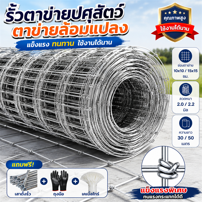 【ส่งฟรีทั่วไทย】รั้วถักปม รั้วตาข่ายแรงดึง 30/50M ลวดตาข่ายถักปม ไม่เกิดสนิม ลวดล้อมคอกม้า วัว แพะ