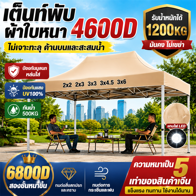 ⚡️แถมไฟ LED⚡️เต็นท์ขายของ เต็นท์จอดรถ 2×2 2×3 3x3 3x4.5 3x6m ผ้าใบหนา 3600D ผ้าเต้นท์ เต็นท์พับได้ เต้นขายของ