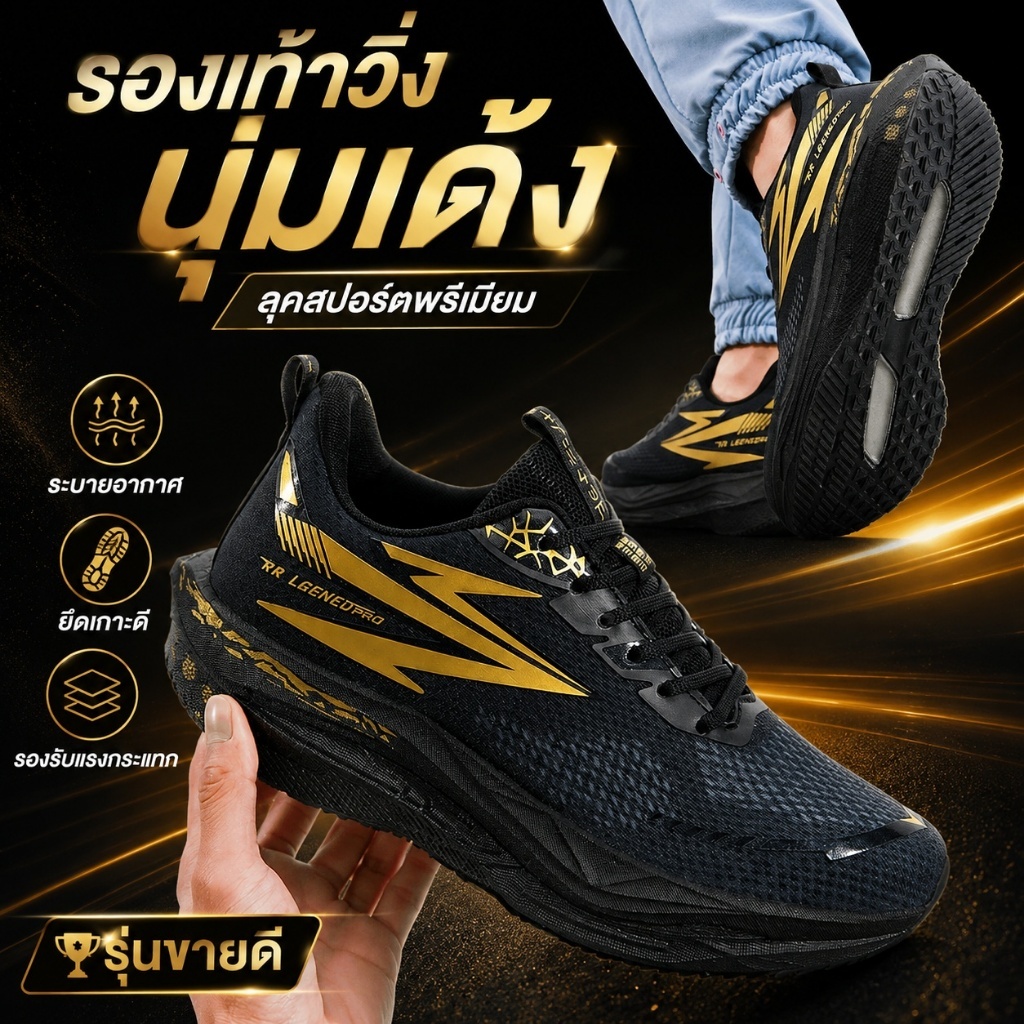 รองเท้าวิ่งคาร์บอนผู้ชาย พื้นหนานุ่มเด้ง ระบายอากาศ กันลื่น ดีไซน์ดำทอง ไซซ์ใหญ่ สำหรับวิ่ง ฟิตเนส