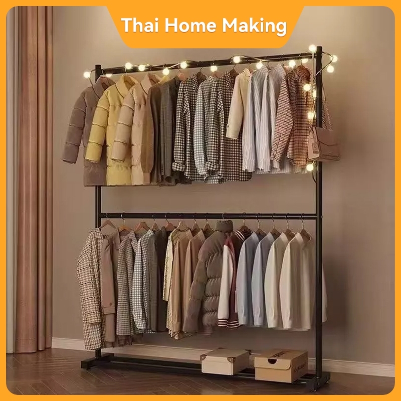 ราวแขวนเสื้อผ้า 2 ชั้น ทนทาน | เหล็กหนา 25 มม. รับน้ำหนักได้เยอะ ปรับสูง-ต่ำได้ พื้นที่ด้านล่างวางของได้ สารพัดประโยช