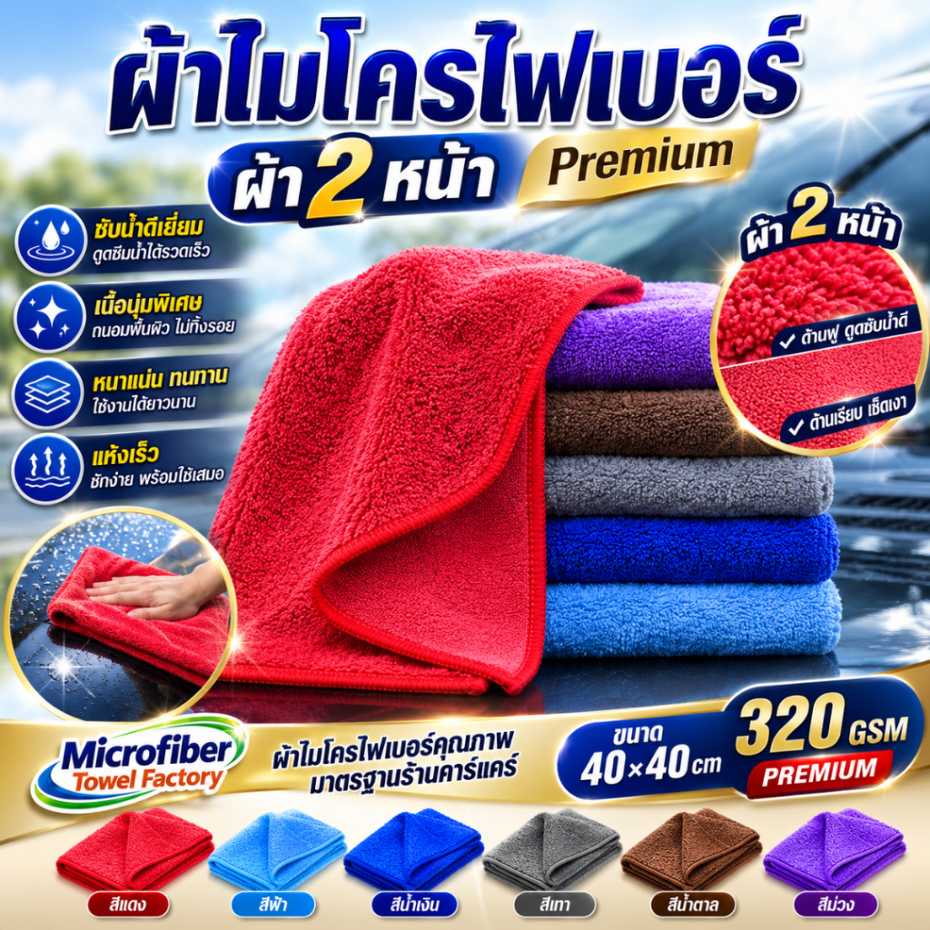 ✨ ผ้าไมโครไฟเบอร์ 2 หน้า PREMIUM 320 GSM ✨ ขนาด 40 × 40 ซม. เนื้อผ้าหนา นุ่ม ใช้งานได้อเนกประสงค์