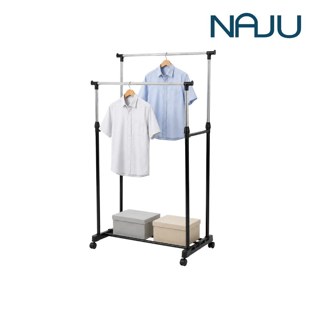 Naju ราวตากผ้า ราวตากผ้าสแตนเลส Stainless Steel Clothes Rack พับได้ ล้อเลื่อน ใช้ในบ้านนอกบ้าน ทนสนิม เคลื่อนย้ายสะดวก