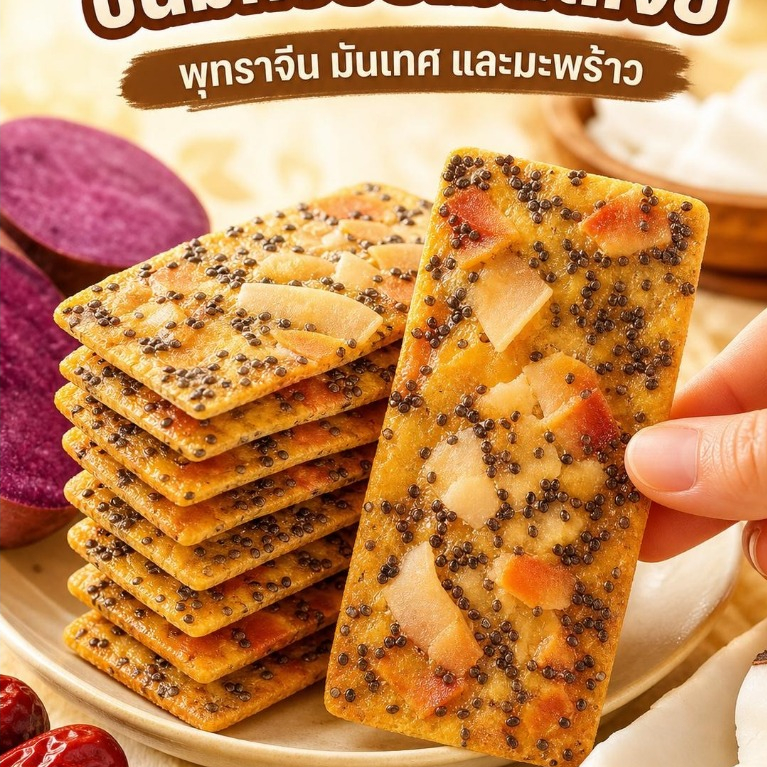 ขนมกรอบเมล็ดเจีย มะพร้าว ผสมพุทราจีน มันเทศ กรอบอร่อย แคลอรี่ต่ำ ขนมทานเล่น นำเข้าจีน แยกบรรจุเดี่ยว ของว่างยามบ่าย