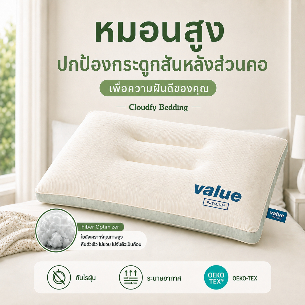 หมอนเพื่อสุขภาพ หมอนหนุน หมอนโรงแรม 5 ดาว รองรับคอและศีรษะ นุ่มสบาย ระบายอากาศดี ป้องกันไรฝุ่น