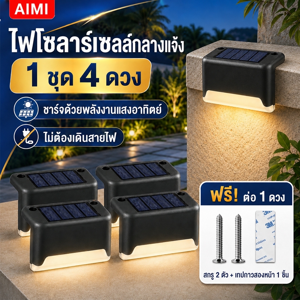 Aimi โคมไฟโซล่าเซลล์ ไฟโซล่าเซลล์ Solar light LED เปิดปิดอัตโนมัติ ไฟติดบันได ไฟกำแพง ไฟรั้ว