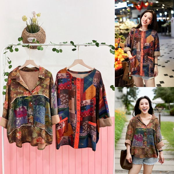 Lynlalin เสื้อแขนยาว ผ้าสาลูลินินสุดพรีเมี่ยม ดีเทลพิมพ์ลายสไตล์ Vintage รุ่น เป๋าม็อกซี่+ปกแพททริก