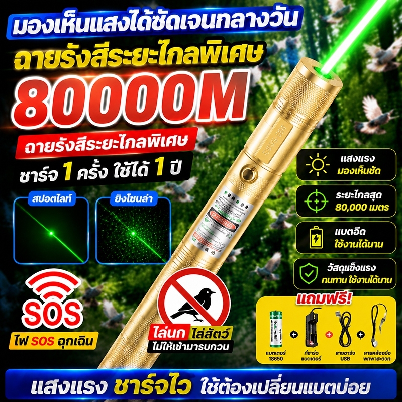 1วิ ไล่นก เลเซอร์ไล่นกพิราบ ใช้ได้กลางวัน เลเซอร์ เลเซอร์ไล่นก Laser pointer 303+ถ่านชาร์จ 6800mAh+เครื่องชาร์จ