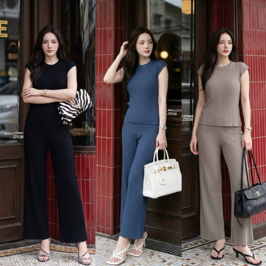 J2538 JiraClothing เซตไหมพรมร่องแขนกุด & กางเกงขายาว