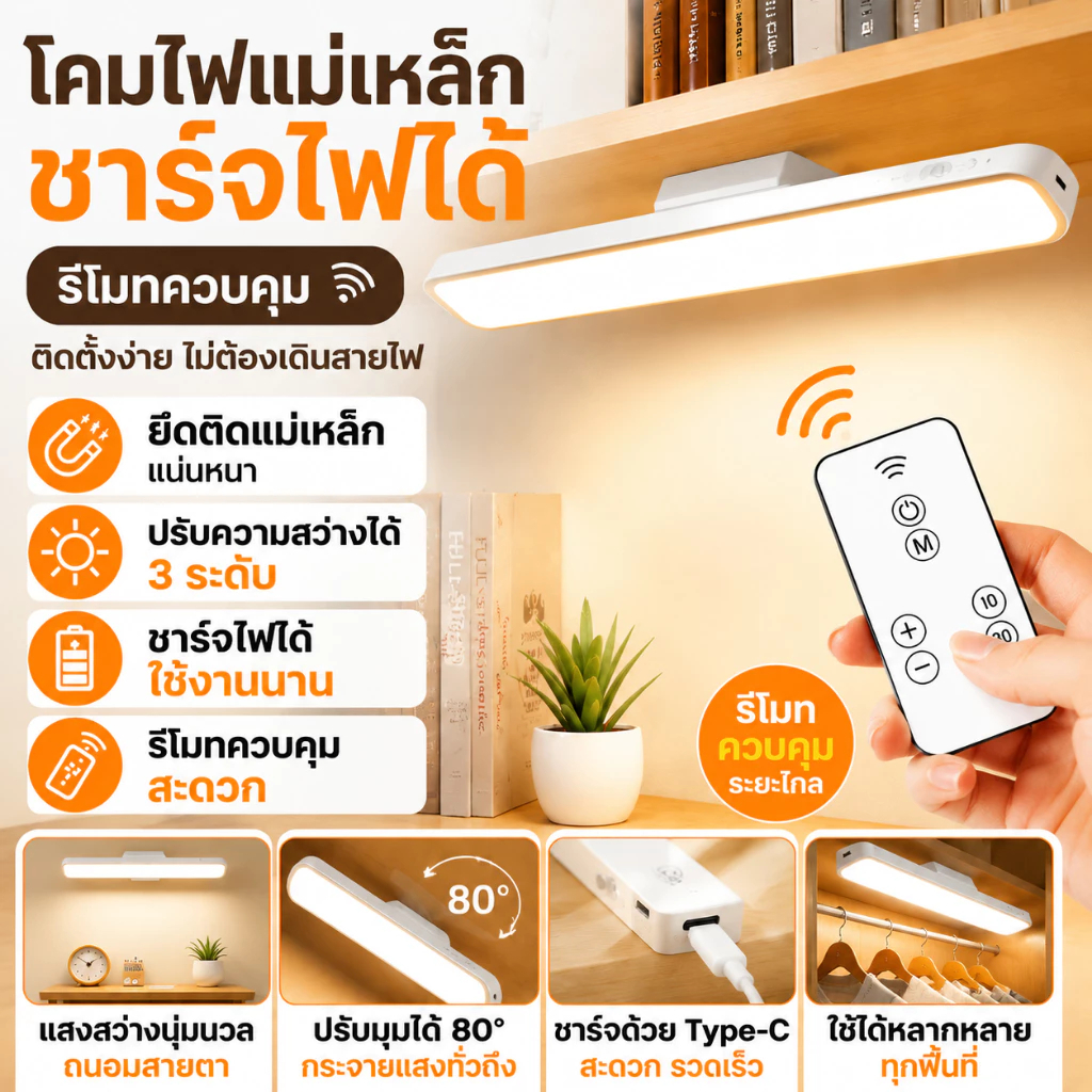 ไฟหน้ากระจก โคมไฟแม่เหล็ก โคมไฟLED ป้องกันตา โคมไฟตั้งโต๊ะชาร์จไฟได้ ไฟกลางคืน สำหรับตู้เสื้อผ้า โต๊ะทำงาน table lamp