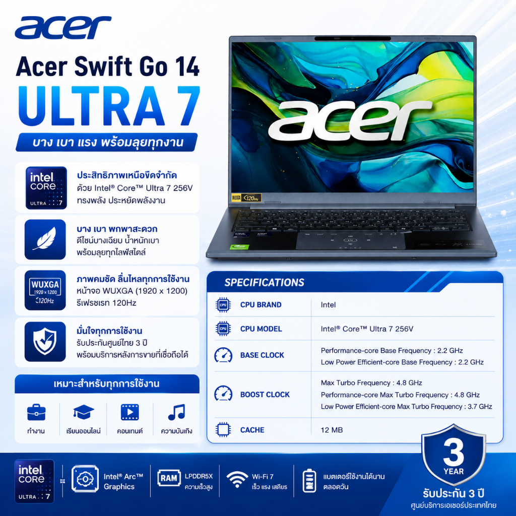ACER SWIFT GO 14 SFG14-75-78NT CU7 256V/16GB LPDDR5X/SSD512GB/14/ W11H+OFFICE H2024 MS365