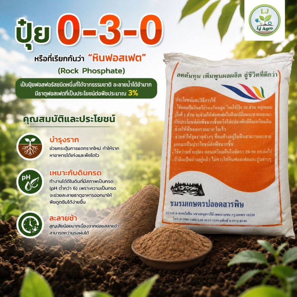 ปุ๋ยดิน หินฟอสเเฟต 0-3-0 เหมาะกับพืชที่ต้องการฟอสฟอรัสอย่างรวดเร็ว ขนาด 20 กิโลกรัม #แอลเจอะโกร