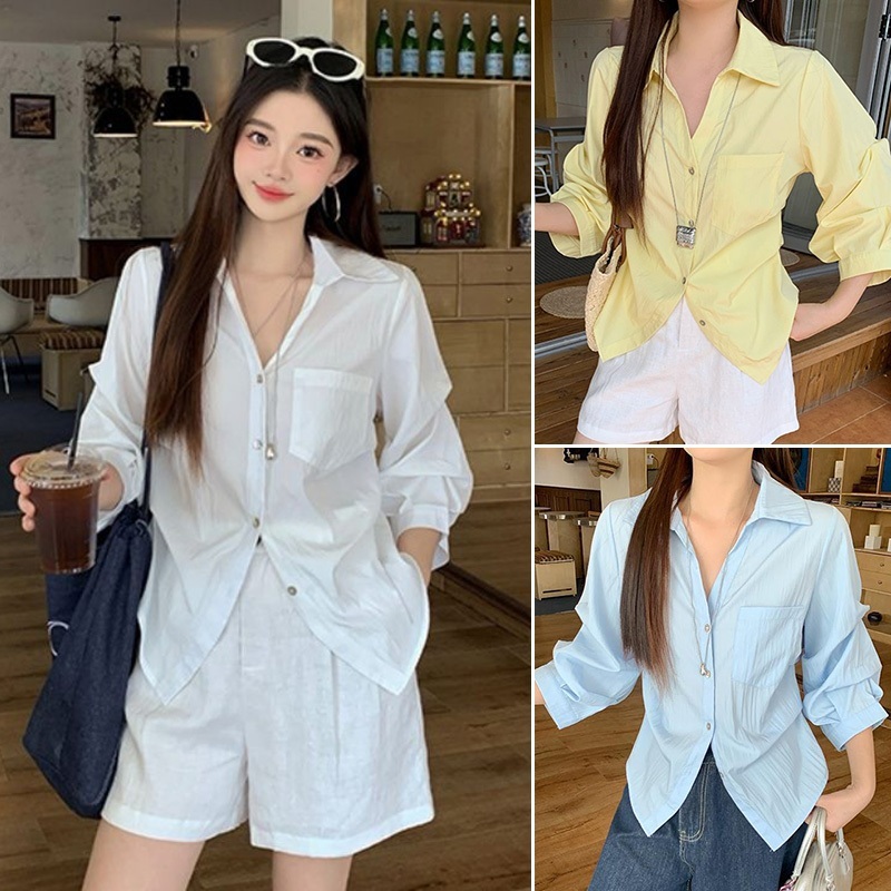 เสื้อเชิ้ตแขนยาวปานกลางสำหรับผู้หญิง มีปก ทรงสวย คอวีทรงเข้ารูปช่วงเอว สวมใส่สบาย🎨เสื้อเชิ้ตผู้หญิงรุ่นใหม่#F050
