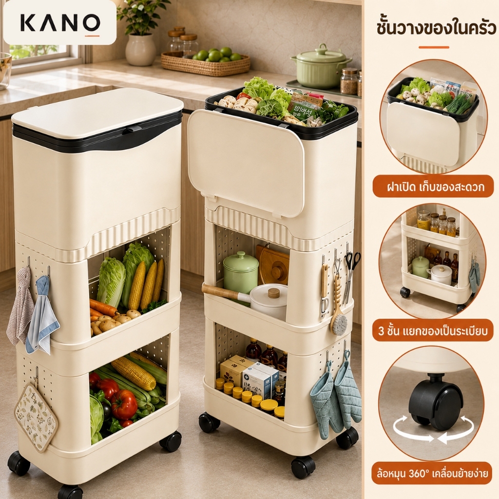 KANO ถังขยะสองชั้น มีฝาปิด มีล้อเลื่อน แยกขยะได้ เหมาะพื้นที่แคบ ใช้ในครัวเรือน