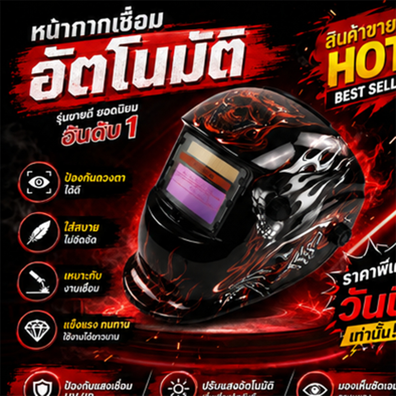 หน้ากากเชื่อมอัตโนมัติ ของแท้ รุ่นยอดนิยม ปรับแสงอัตโนมัติ กันประกายไฟ ปรับ Sensitivity ได้ พับขึ้นลง 180° ใช้งานทนทาน