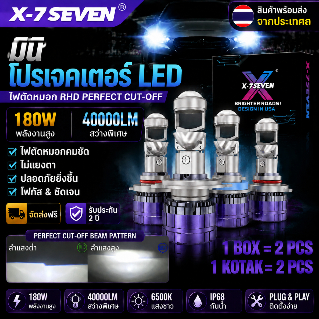 X-7SEVEN Mini Projector ไฟหน้า LED รถยนต์ 180W 40000LM ไฟแต่งรถ Perfect Cut Off H4 H7 H11 H8 H9