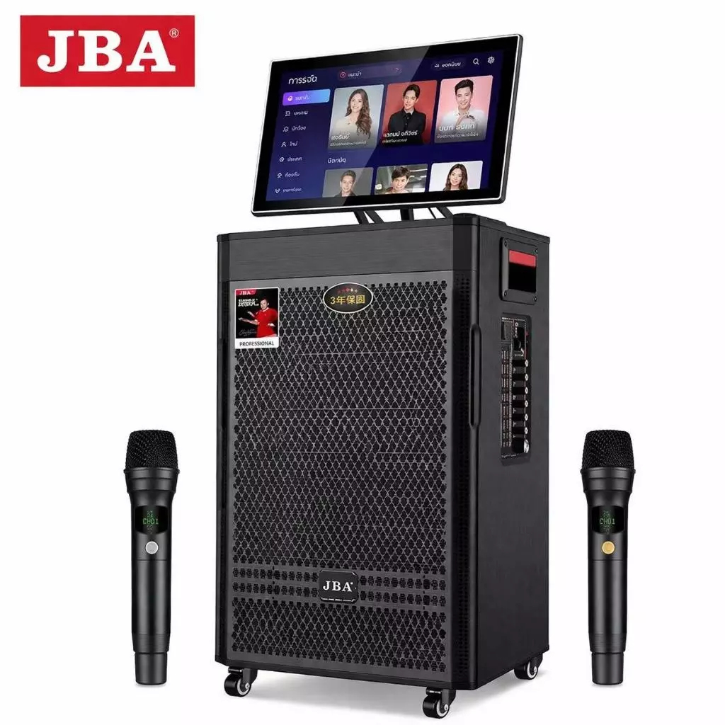 JBAลำโพงคาราโอเกะพร้อมจออัจฉริยะ 100W เบสหนัก เชื่อมต่อ WiFi ดู YouTube ได้ ไมค์คู่ไร้สาย2ตัว เสียงก
