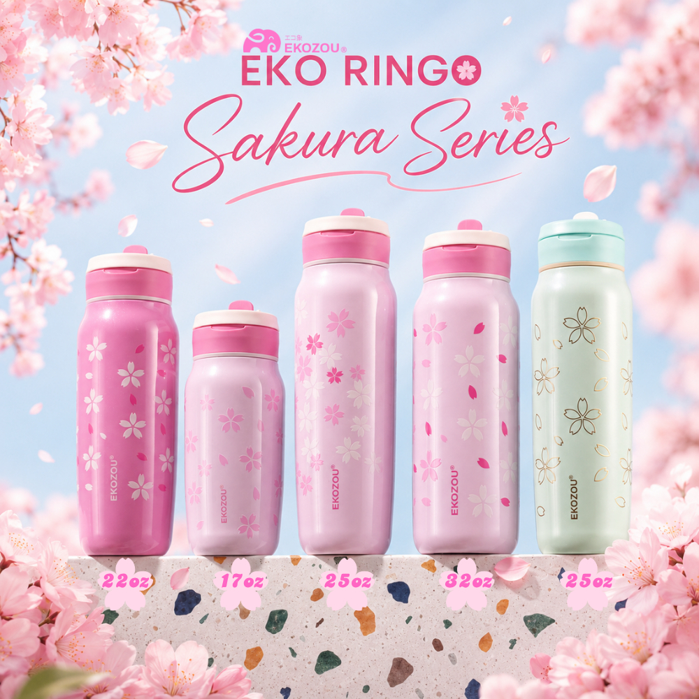 EKO RINGO "Sakura Series" ขวดน้ำสแตนเลส 304 เคลือบเซรามิก เก็บอุณหภูมิ ร้อน-เย็น หลอดดูดถอดล้างได้ EKOZOU