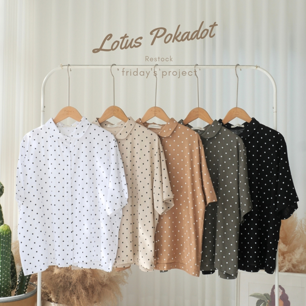 lotus pokadot เสื้อเชิ๊ตผ้าฝ้ายผสมลินินลายจุด แต่งปกคอบัว