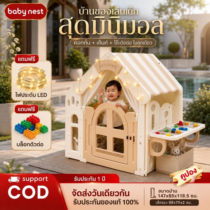 เต็นท์เด็ก บ้านเด็ก HDPE พร้อมโต๊ะต่อบล็อก ชั้นเก็บของ แถมฟรีไฟประดับ ของเล่นเด็ก 1-12 ปี