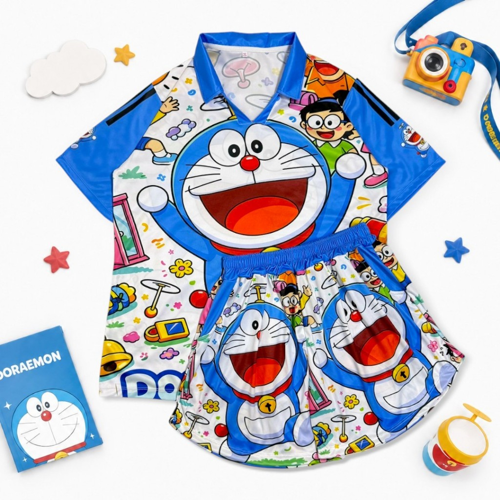 ( N-27 ) ชุดเซท เสื้อคอปก กก.ขาสั้น โดเรม่อน Doraemon 6สี ฟรีไซส์