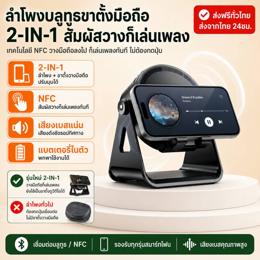 ที่ตั้งโทรศัพท์มือถือ 3IN1 ลําโพงบลูทูธ มีเซ็นเซอร์อัตโนมัติ เซ็นเซอร์ จับคู่รวดเร็ว เหมาะสำหรับ ตกแต่งโต๊ะคอมพิวเตอร์
