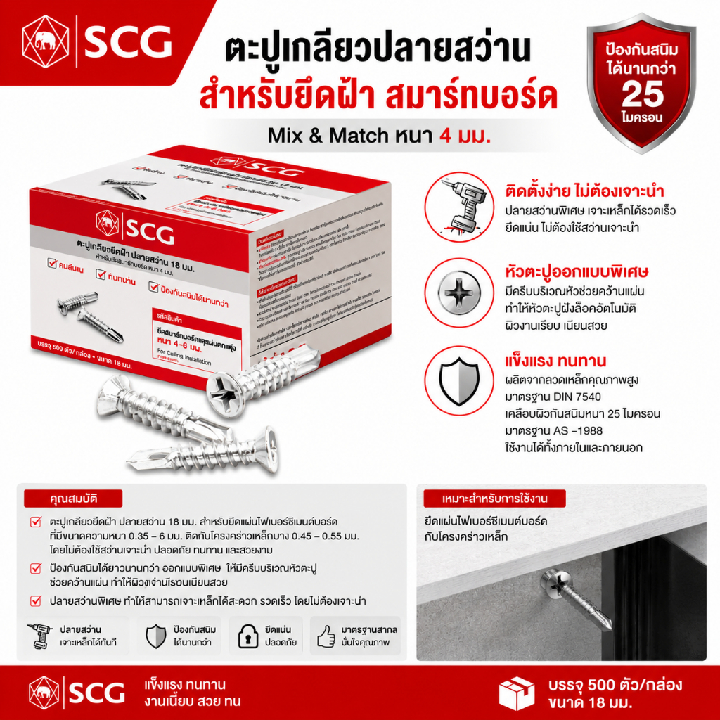SCG ตะปูเกลียวยึดฝ้า ปลายสว่าน 18 มม. ตราช้าง กล่องละ 500 ตัว