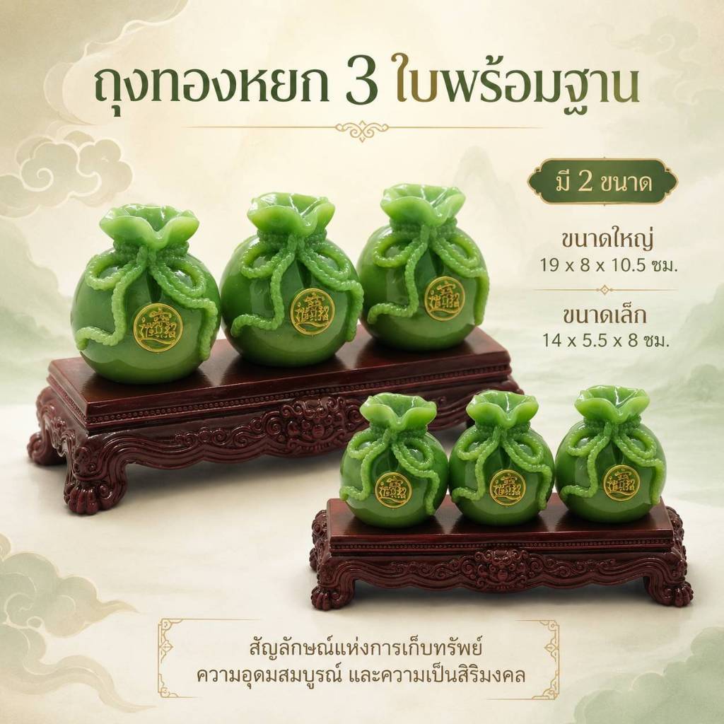 ถุงหยก 3 ใบติดฐาน | ถุงเงินทองสีเขียวหยกมงคล 福袋หยก | “ถุงทองหยก 3 ชิ้น เสริมโชคการเงินมั่นคง”ของตั้งโต๊ะเรียกทรัพย์