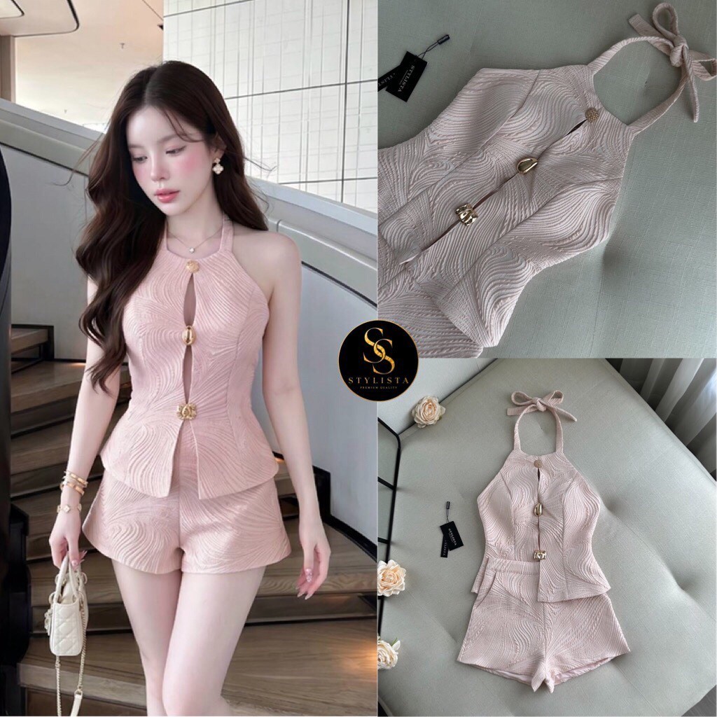 STYLISTA Setเสื้อคล้องคอสีชมพู-กางเกงขาสั้น