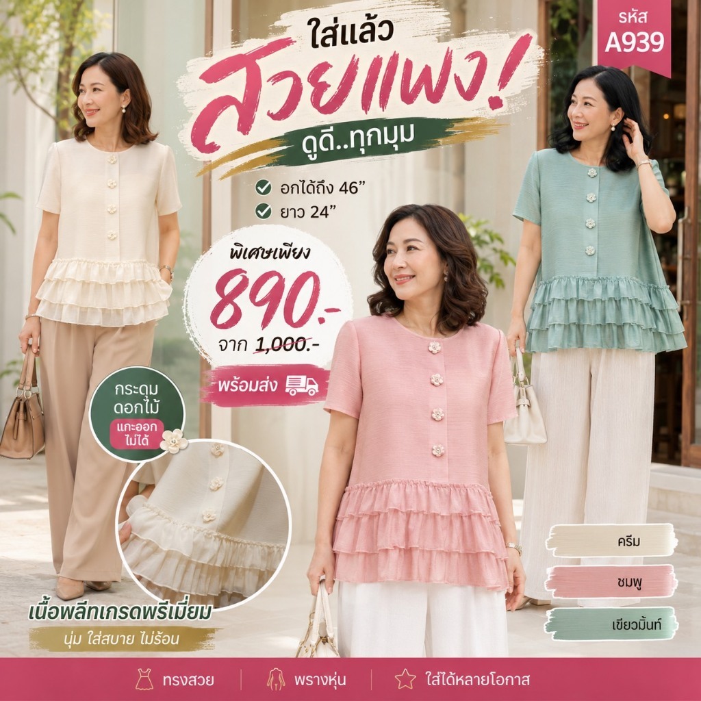 Pleatbynisa A939 เสื้ออัดพลีท แขนสั้น สีพื้น เรียบหรูน่ารักมากๆ พร้อมส่ง