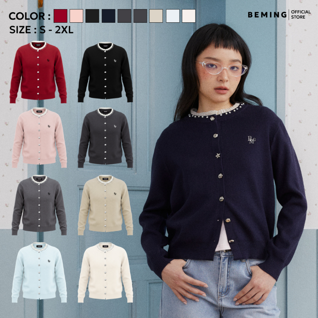 Bemingtop1265(S–2XL) - Peary Knit Cardigan – คาร์ดิแกนไหมพรมแต่งลูกไม้และมุก เพิ่มความหวานหรูให้ทุกลุค