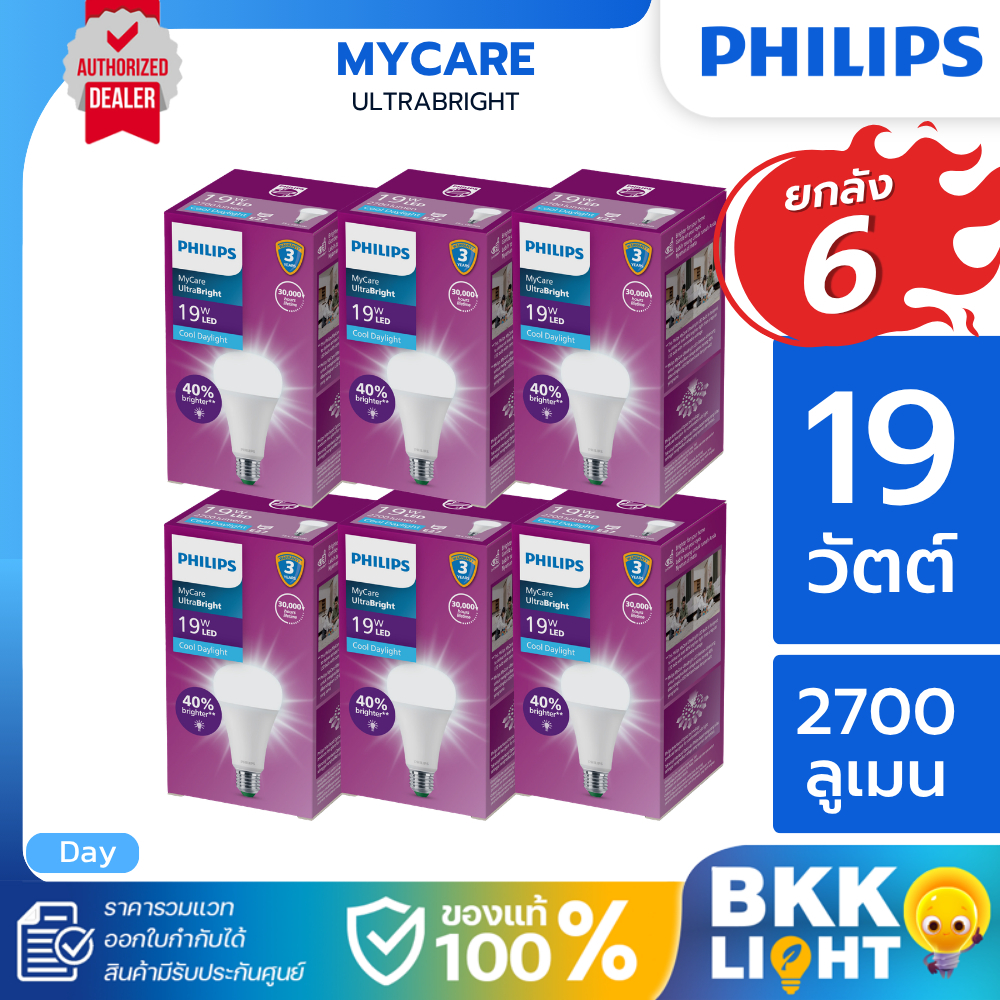 ยกลัง 6 หลอด Philips หลอดไฟ | Mycare 19W 2700lm UltraBright 6500K แสงขาว Daylight A75 Led รวม VAT