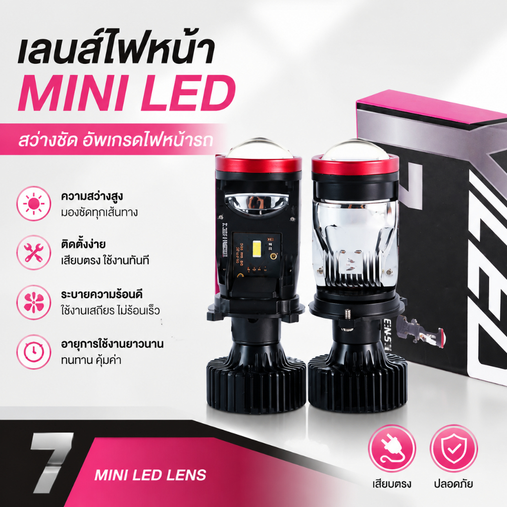หลอดไฟหน้ารถ Y7D High Lumen Mini Projector ขั้ว H4 คัทออฟ พวงมาลัยขวา RHD รับประกัน 2 ปี สว่างสุด