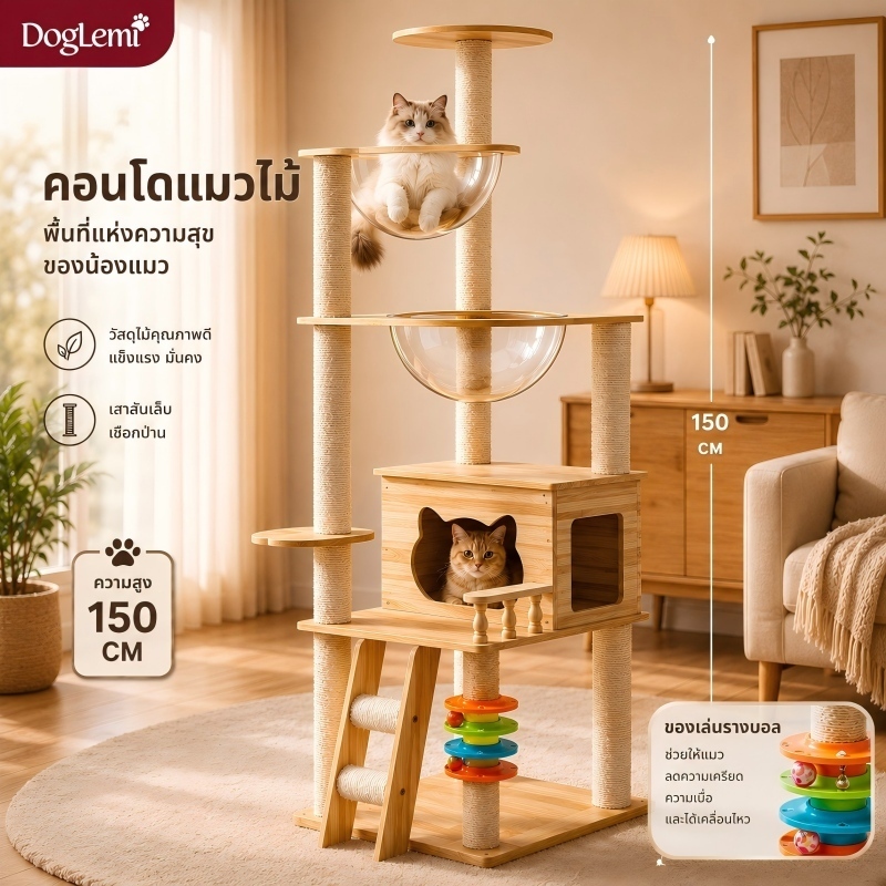 【Doglemi】คอนโดแมวไม้แท้ 150CM บ้านแมวขนาดใหญ่ โดมใส เสาลับเล็บ ของเล่นแมว ปีนเล่น นอนพัก แข็งแรง สำหรับแมวหลายตัว