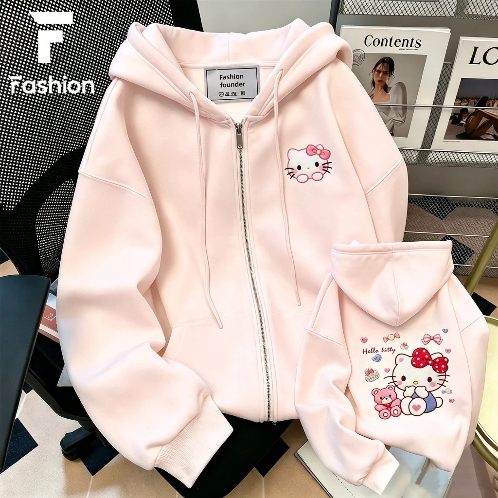 Hoodie HelloKitty พิมพ์ลายน่ารัก คู่รักห้ามพลาด! ซิปเต็ม กระเป๋านุ่มขนแกะ หลวม Unisex ใส่วินเทจเก๋ๆ ส่งปลายทาง