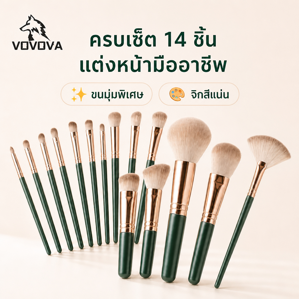 VOVOVA เซ็ตแปรงแต่งหน้า 14 ชิ้น ขนนุ่มพิเศษ จิกสีแน่น ไม่บาดผิว แปรงแต่งหน้ามืออาชีพ ครบเซ็ต