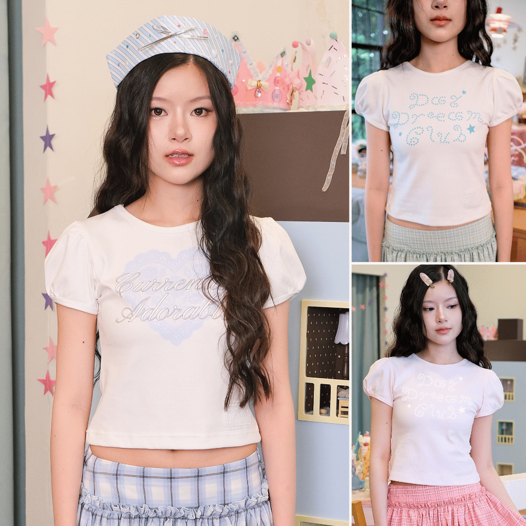 Jiwliw - Bubble Top เสื้อคอกลม แขนตุ๊กตา สกรีนลาย ดีเทลป้ายลูกไม้