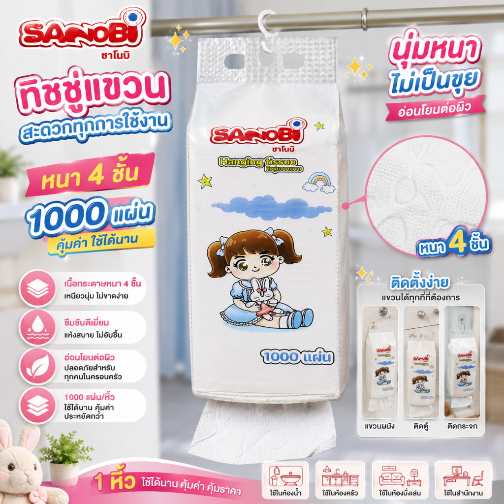 (1 หิ้ว) ทิชชู่แบบแขวน ซาโนบิ หนา 4 ชิ้น 1000แผ่น ทิชชู่แขวนเปิดตูดดึง) แขวนผนัง ติดตู้ ติดกระจก