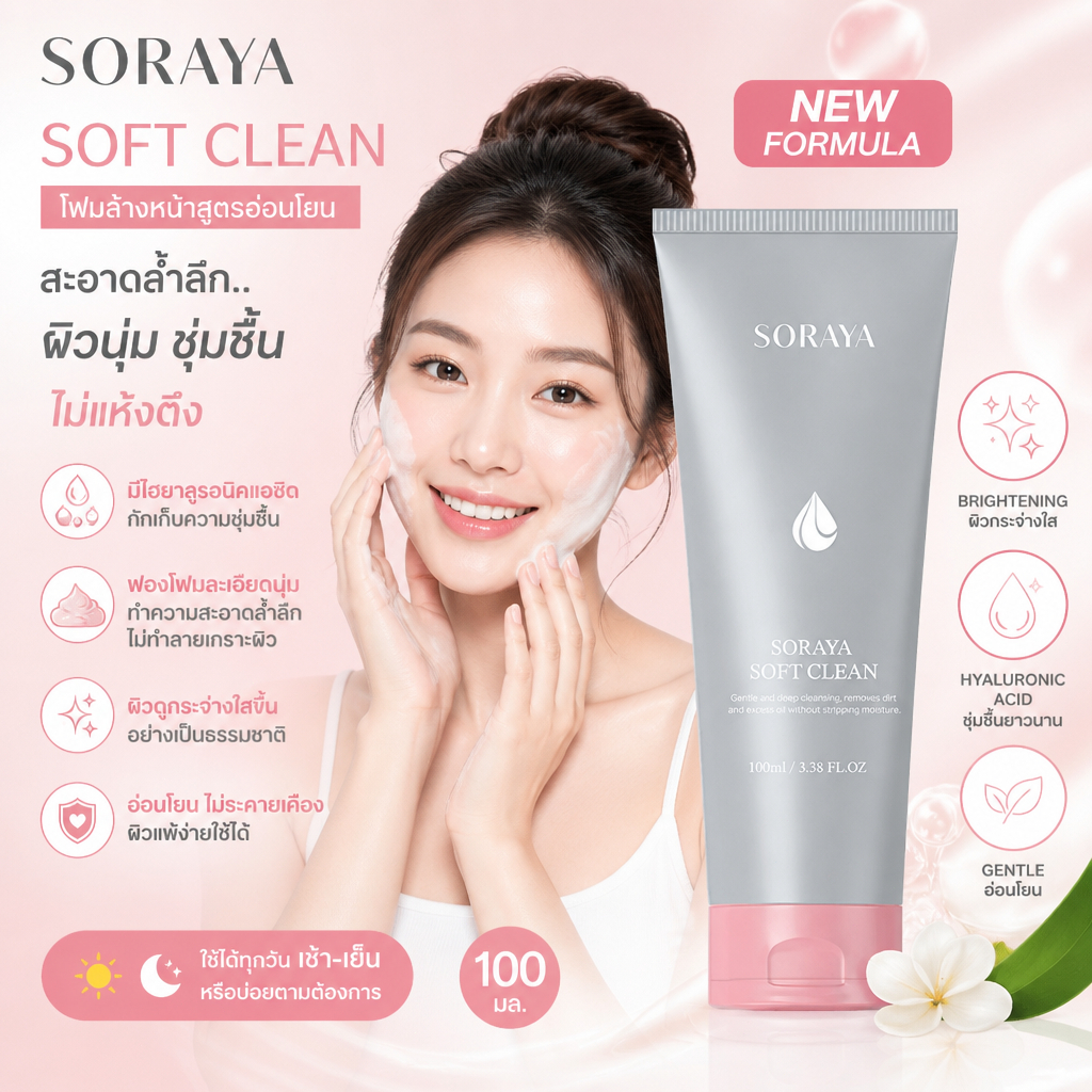 SORAYA SOFT CLEAN โฟมล้างหน้า ขั้นตอนแรกของการดูแลผิว ใช้ได้ทุกวัน ไม่ระคายเคืองผิว ขนาดบรรจุ 100 มล.