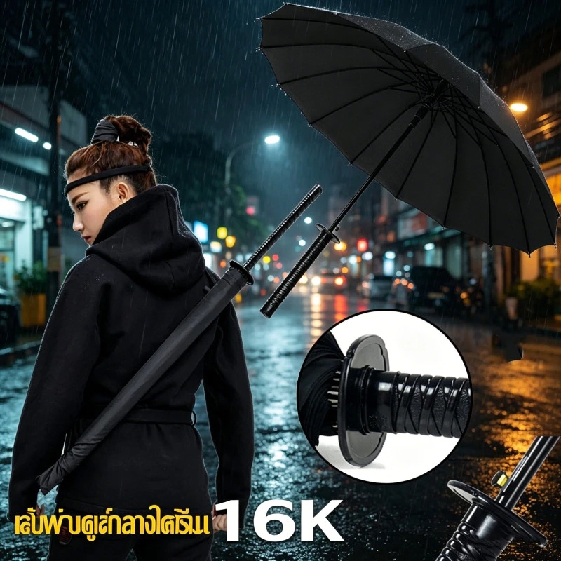 ร่มดาบซามูไรญี่ปุ่น 16 ก้าน อัตโนมัติสีดำ ขนาดใหญ่ กันแดดกันฝน ด้ามยาวบุคลิกหล่อสำหรับผู้ชาย