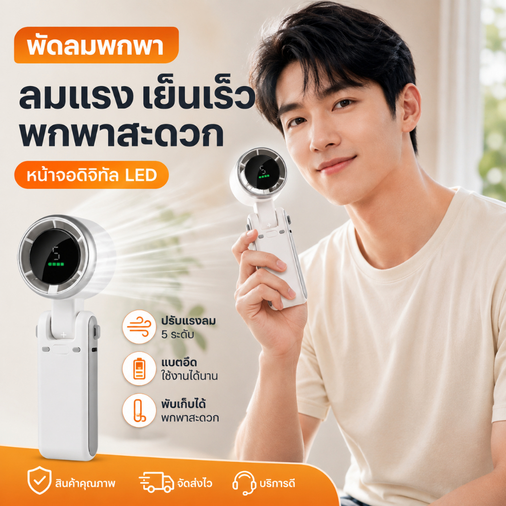 🛒พัดลมพกพาจอแสดงแบตเตอรี่ ปรับความแรงลมหลายระดับ ชาร์จ Type‑C ลมแรง แบตเตอรี่ความจุสูง พกพาง่าย