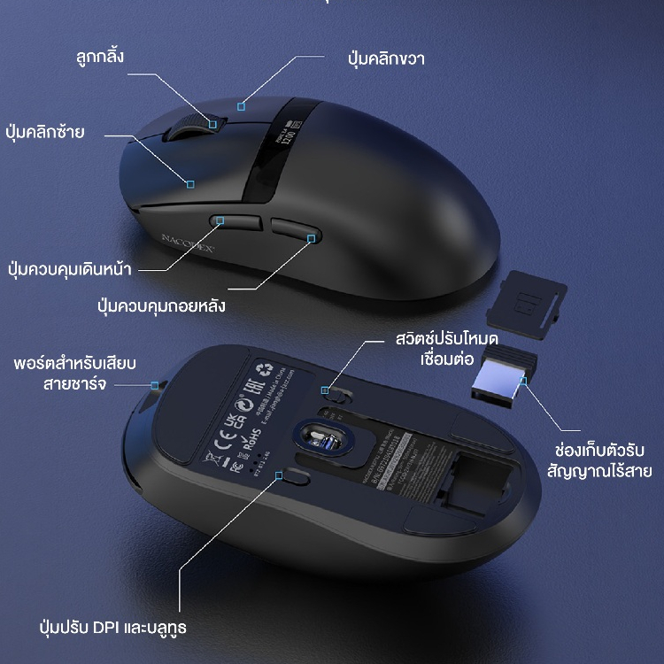 เมาส์เกมมิ่ง Nacodex NJ07 V2 Digital Display Tri-Module PAW3311 Chipset Wireless Mouse รับประกัน 1 ปี รูปที่ 5