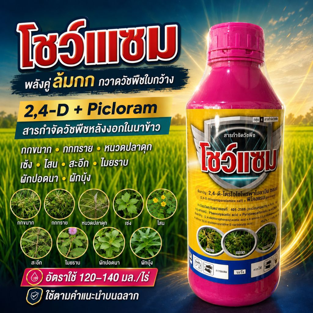 โชว์แซม 1ลิตร สารกำจัดวัชพืชใบกว้างและเครือเถา (2,4-D+พิคลอแรม)ออกฤทธิ์ดูดซึมกำจัดวัชพืชใบกว้างและเครือเถาที่ปราบยาก