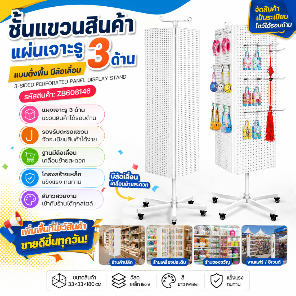 ชั้นตะแกรงแขวนสินค้า 3 ด้าน  แผง Pegboard ตั้งพื้นมีล้อ ชั้นโชว์สินค้า แผงแขวนสินค้า 3-Sided Pegboar