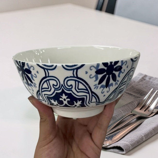 ถ้วยเซรามิก 6 นิ้ว ชามแกง ถ้วยชาม ลายดอกไม้สีน้ำเงิน ทำจากเซรามิกเนื้อดี เข้าไมโครเวฟได้