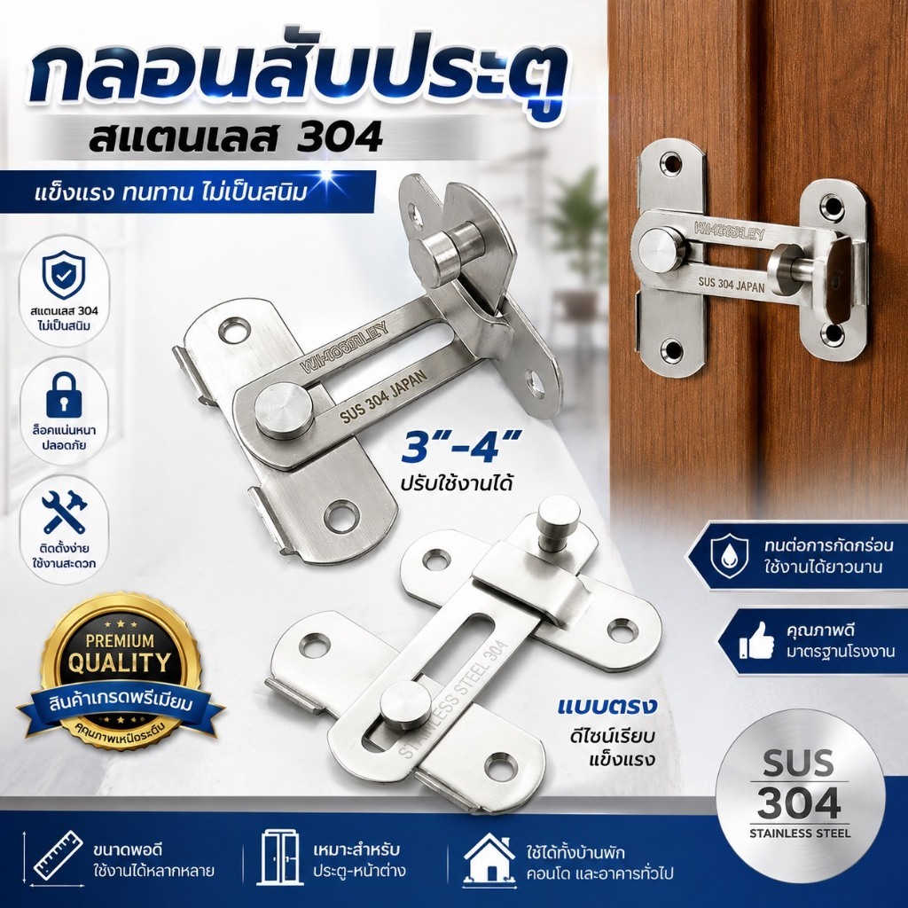 กลอนสับประตู สแตนเลส 3"-4" และแบบตรง