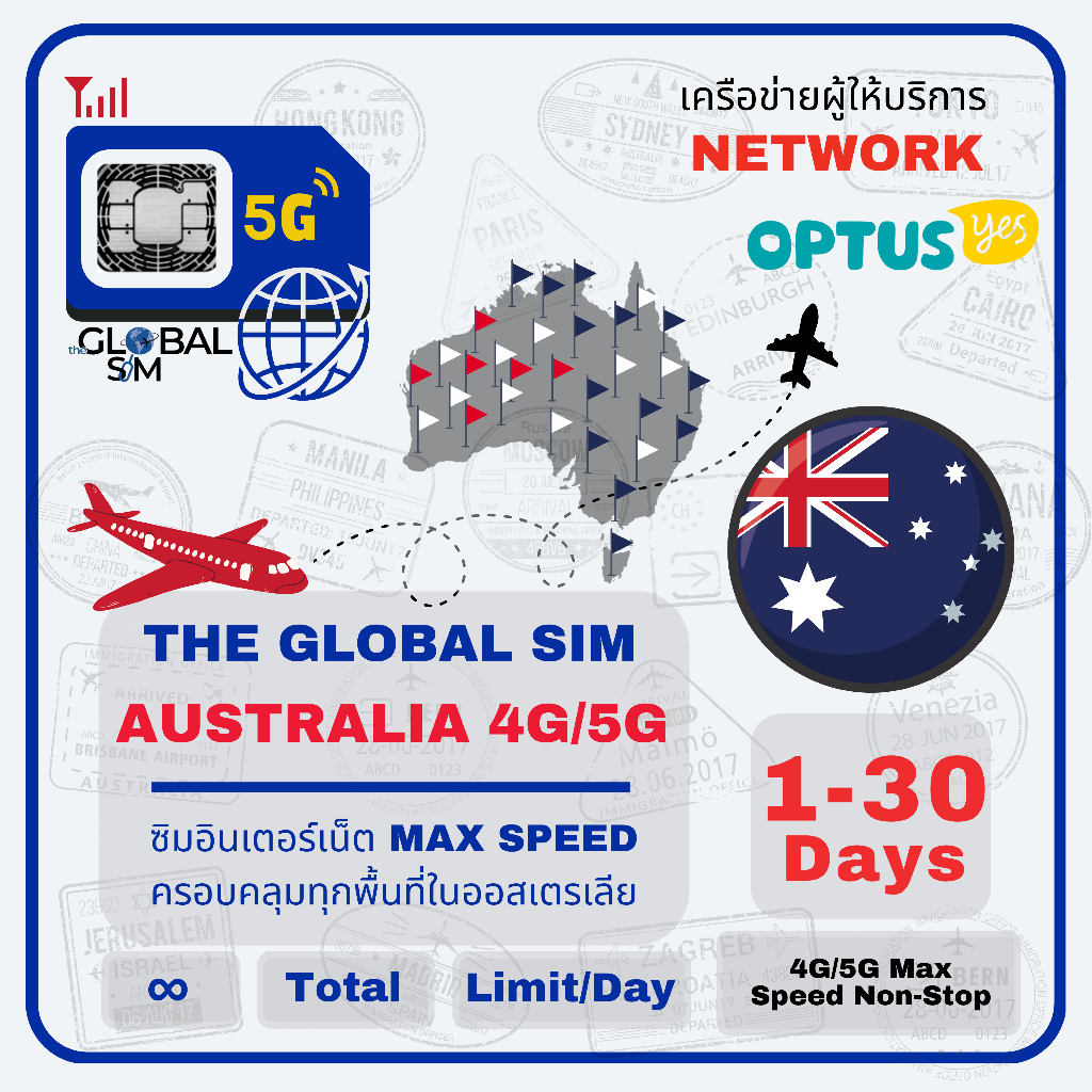 【The Global SIM】Australia SIM ซิมออสเตรเลีย Optus 4G/5G Max speed data
