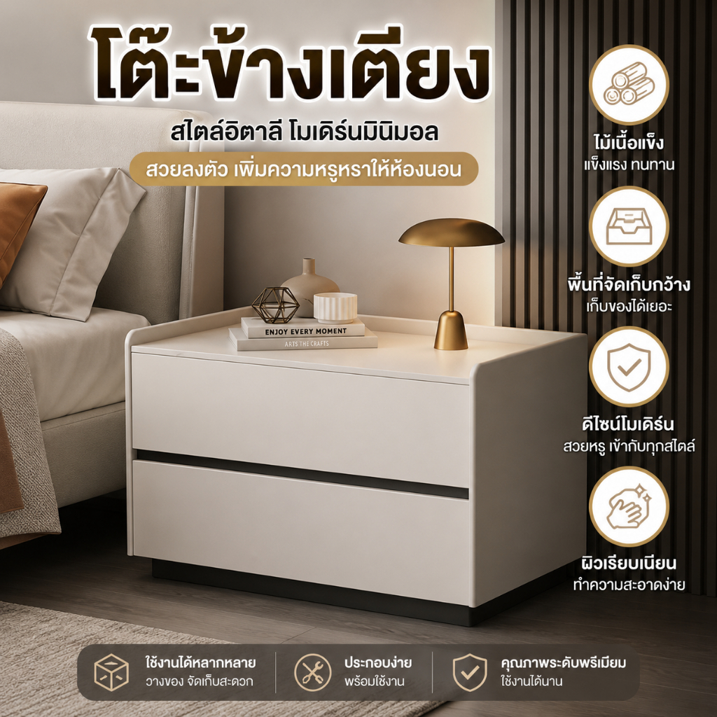 โต๊ะข้างเตียงไม้เนื้อแข็ง โต๊ะข้างเตียงห้องนอนบ้านตู้เก็บของอิตาลีที่เรียบง่ายทันสมัยใหม่