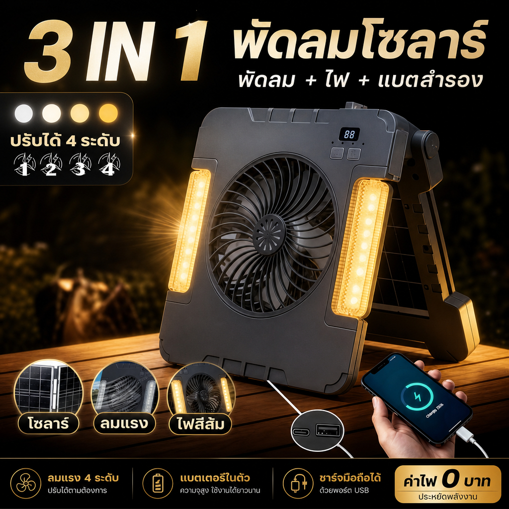 พัดลมโซล่าเซลล์ 10W 3in1 6000mAh ไฟ LED+Power Bank ปรับแรงลม 4 ระดับ ชาร์จมือถือ USB Type-C IP65 พับได้ แคมป์ปิ้ง