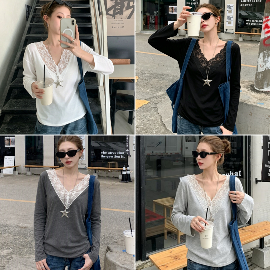 Bella Shop เสื้อยืด เสื้อยืดลูกไม้คอวีผู้หญิง สีพื้น แขนยาว ผ้านุ่มยืดหยุ่น แต่งตัวง่าย